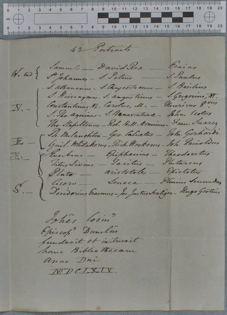 Second page of a letter listing the portraits in Cosin's Library in 1836.