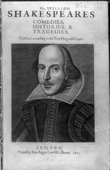 Picture of the title page to William Shakespeare's First Folio with a large engraved portrait of Shakespeare by Martin Droeshout